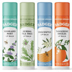 Badger Classic Organic Lip Balm Set - Green Box, Long Lasting Lip Moisturizer Gift Set, Light Silky Texture, All Natural Lip Balm Variety Pack Lip-Set (Unscented, Tea Tree, Mint & Tangerine), 4 pack
