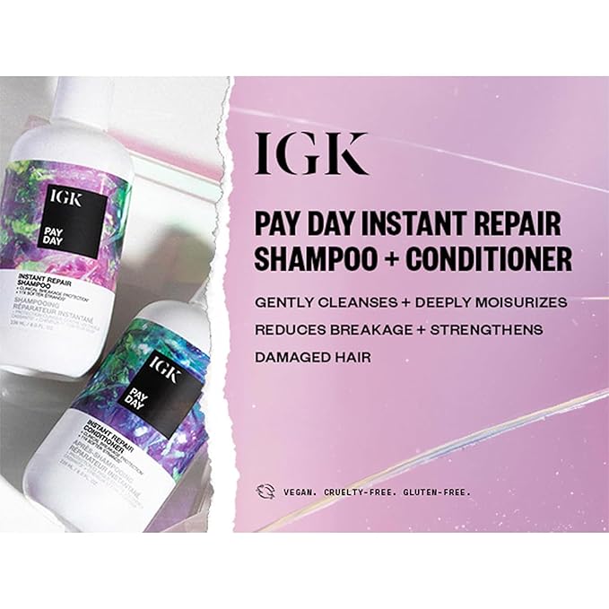 IGK Pay Day Instant Repair Shampoo and Conditioner Set | Bond-Building + Damage Repair | Vegan + Cruelty Free | Set of 2