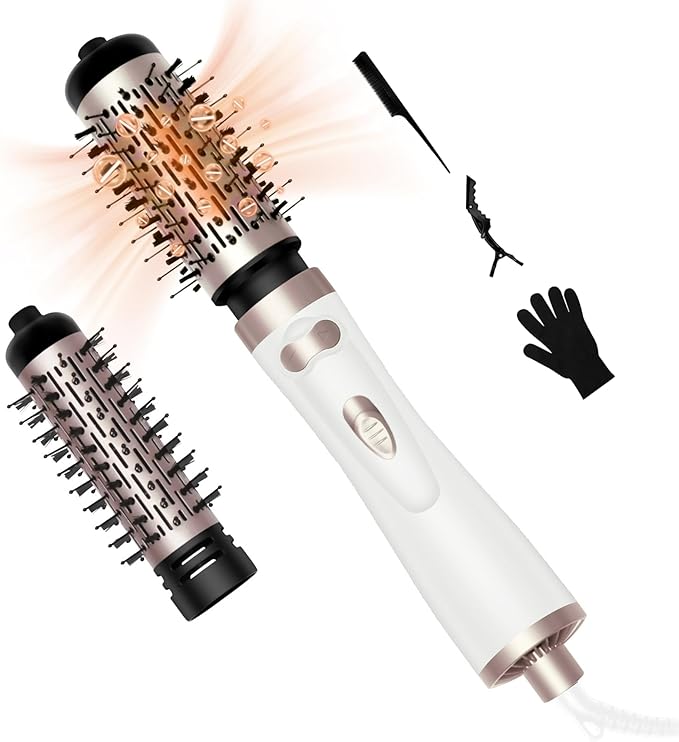 Hair Dryer Brush, 3-in-1 Rotating Round Hot Air Spin Brush Set with 2 Brushes (2" & 1.5"), Negative Ionic Blow Volumizer, 2 Detachable Auto-Rotating Curling Brush 100-120V