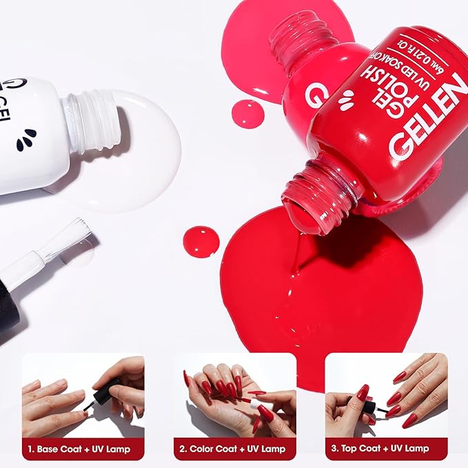 GELLEN Red Gel Polish Set, 6 Colors Red Rose Pink Jelly Gel Nail Polish Set, Soak off U/V Light Cured Nail Art Valentines Gifts for Her
