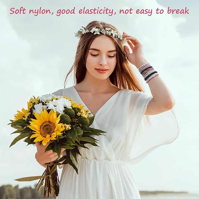 Boho Hair Ties, 20 PCS of 4 Styles Cute Hair Bands for Thick or Thin Hair, No Damage Boho Hair Tie Bracelets, Pink Elastic Hair Accessories for Girls and Women