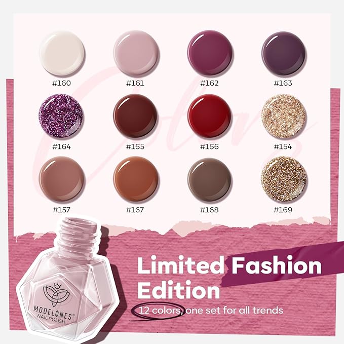 modelones Nail Polish Set 12 Colors Burgundy Red New Year 2025 Nail Polish Set Champagne Gold Glitter Dark Red Purple Shimmer Brown Nail Valentines's Gifts for Women Girl DIY Salon Home