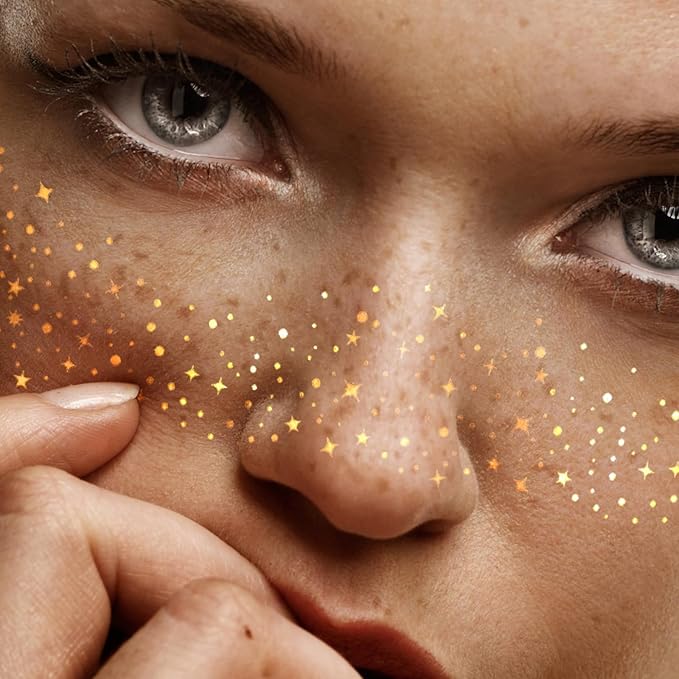 Glitter Freckles Face Tattoo,Glitter Freckles, Metallic Gold Makeup Patches,14 Assorted Sparkle Face Tattoos