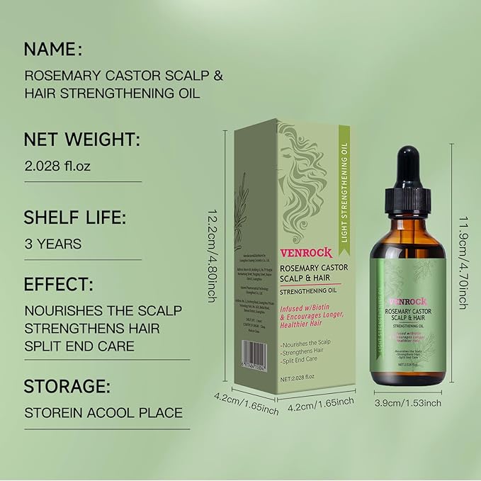 Venrock Rosemary Castor Hair Oil - Biotin Infused Scalp & Hair Strengthening Oil for Nourishing Scalp, Repairing Split Ends & Encouraging Longer, Healthier Hair | Lightweight Daily Hair Care
