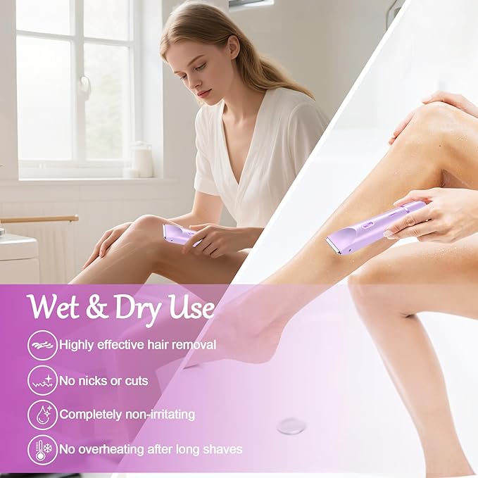 2-in-1 Bikini Trimmer for Women, Bikini Shaver, Dual Head Electric Razor, IPX7 Waterproof Wet/Dry, USB Rechargeable for Pubic/Underarm/Leg, Pink