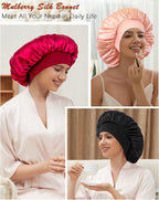 100% Mulberry Silk Bonnet for Sleeping Women, Real Pure Silk Bonnets, Double Layer Sleep Cap with Elastic Band for Curly Hair