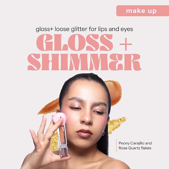 SARELLY, Lip Gloss + Shimmer, Peony Carajillo & Rose Quartz Flakes, Makeup, Vegan Lip Shine, Sarelly Creative Lab