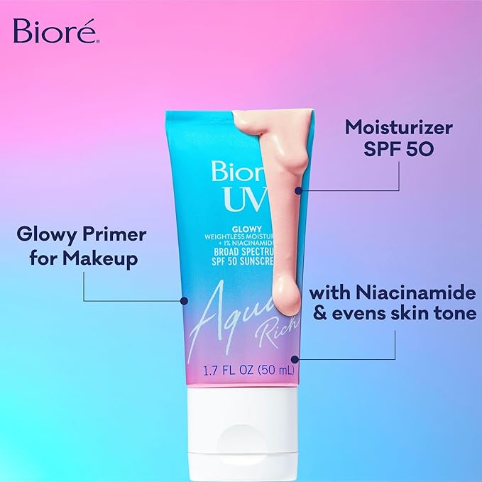 Bioré UV Aqua Rich Glow Enhancing Moisturizer with SPF, Daily Moisturizer with SPF 50, 1% Niacinamide Facial Sunscreen, 1.7 Oz