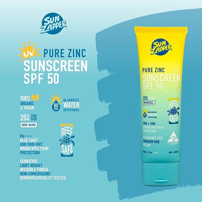 Sun Zapper Pure Zinc Mineral Sunscreen SPF 50, Reef Safe, Broad Spectrum UVA + UVB Protection, 25% Zinc, Water Resistant, Fragrance Free, Paraben Free, No White Cast, Natural Sun Cream - 3.52 Ounce