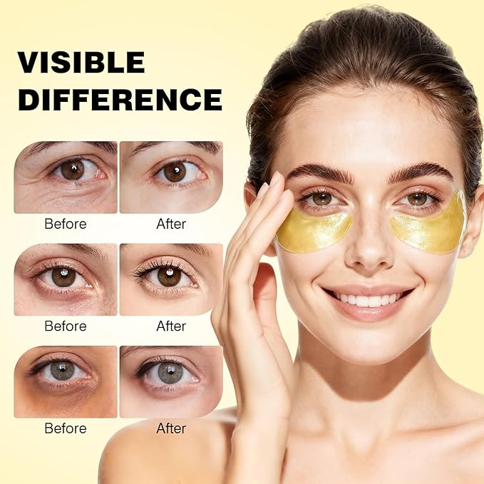 Under Eye Patches 60PCS, 24K Gold Collagen Eye Mask for Puffy Eyes & Dark Circles, Hydrating Eye Pads with Hyaluronic Acid, Vitamin C & Castor Oil, Anti-Aging Under Eye Treatment to Smooth Fine Lines