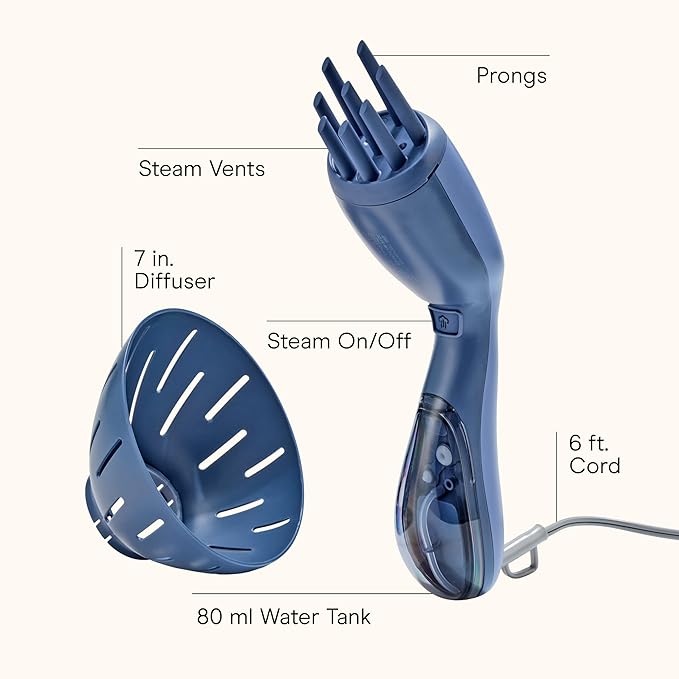 Infiniti PRO CONAIR Steam Therapy Hair Steamer, Portable Hair Steamer with 7" Diffuser Attachment, 30-Second Heat-Up, Penetrating Steam Helps Detangle, Reshape, and Volumize Curls, Blue