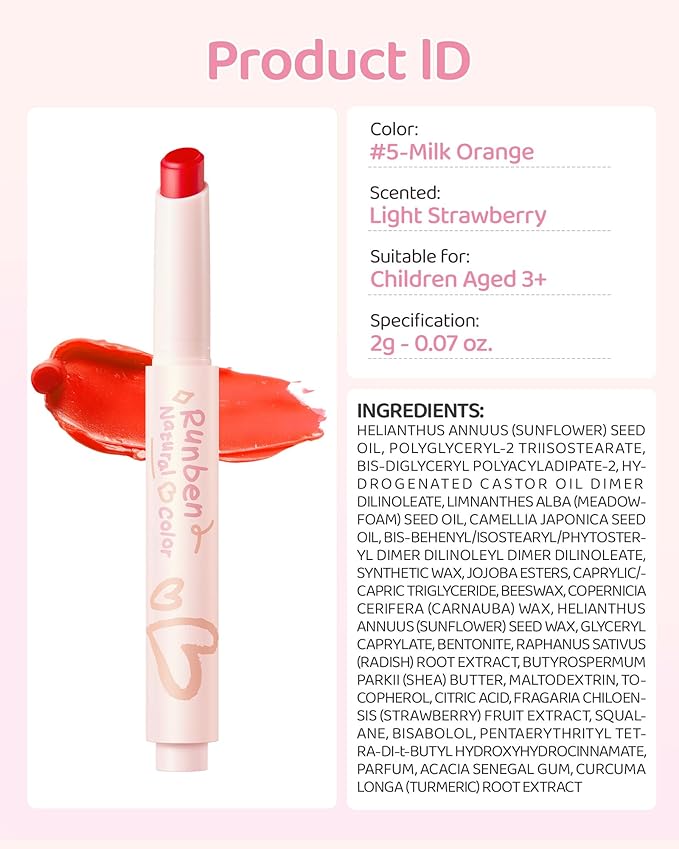 RUNBEN Kids Tinted Lip Balm, Milk Orange Lips Gloss, 24H Moisturizing, Safe & Non-toxic Lipstick for Kids & Teen, Christmas Makeup Gift for Girls, 2g