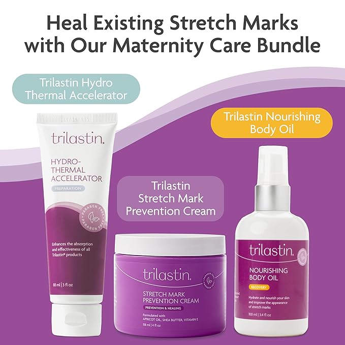 TriLASTIN Maternity Stretch Mark Cream - Hypoallergenic Pregnancy Safe Skin Care - Silicone Scar Cream for Stretch Mark Prevention - Shea Butter Belly Butter Hydration - 4 Oz, Pack of 3