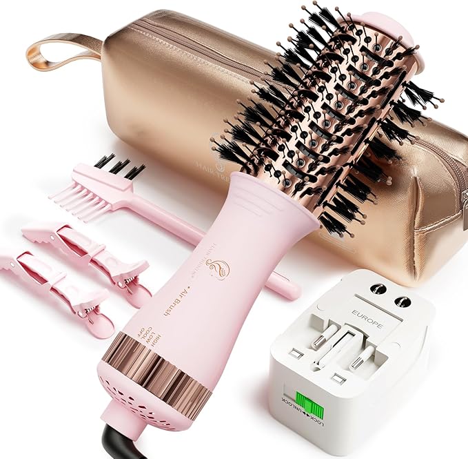 Dual Voltage Travel Hair Dryer Brush, Mini Hot Air Brush Styler & Dryer for European Travel, Hair Trends Nano Titanium 2 Inch One Step Hair Dryer and Styler Volumizer Oval Shape