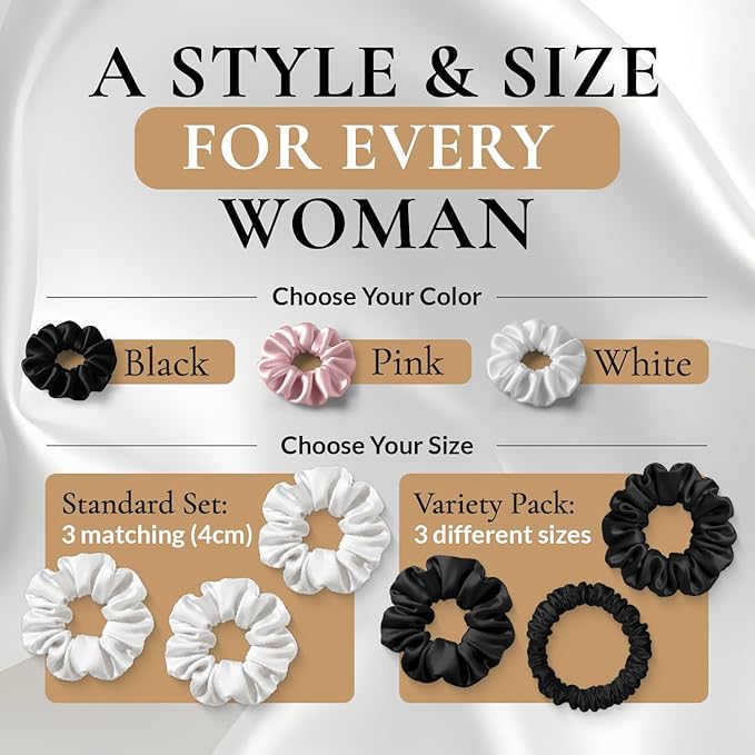 100% Pure 22 Momme Mulberry Silk Scrunchies (Set of 3) | Highest grade (6A) Luxury Hair Ties| (Black,White,Pink) | (Pink, Standard)