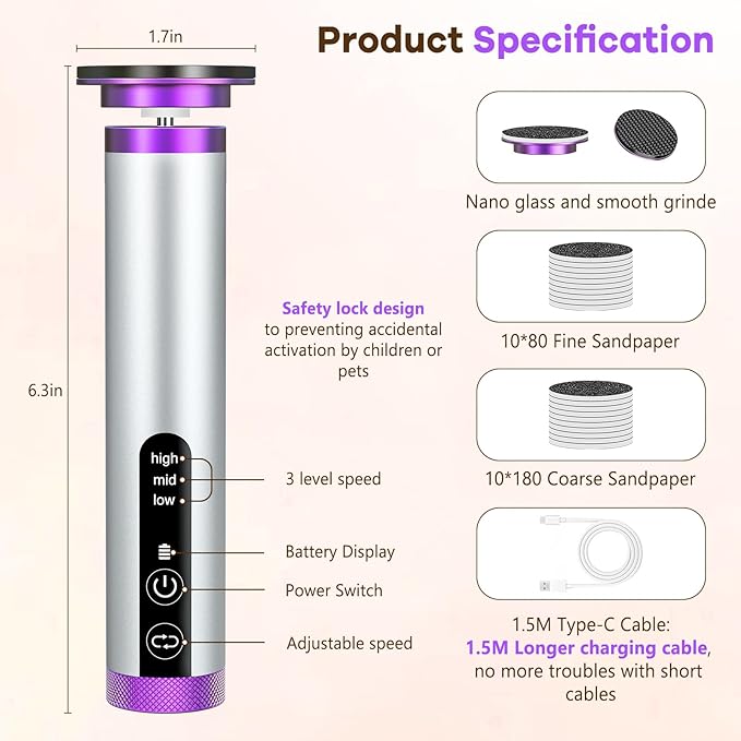 Electric Foot Callus Remover with Nano-Glass Head, Rechargeable Electric Foot File with Upgraded Powerful Metal Gear Motor, Premium Aluminum Cordless Callus Remover for Feet, Gifts for Men Women