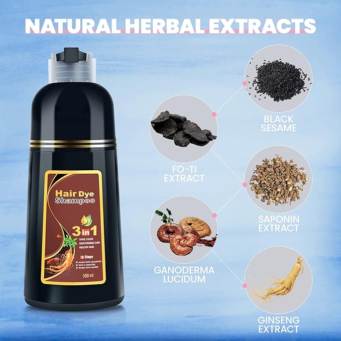 IIIMEIDU Hair Dye Shampoo 3 in 1 for Grey Coverage, Herbal Ingredients Shampoo Hair Dye for Women Men 500ml