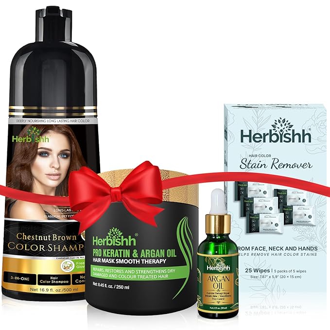 Herbishh Hair Color Shampoo for Gray Hair – Natural Hair Dye Shampoo – Lasts Up To 3-4 Weeks – 500ML – 3-In-1 Hair Color – Colors, Cleanses, and Conditions (Chestnut Brown Giftset)