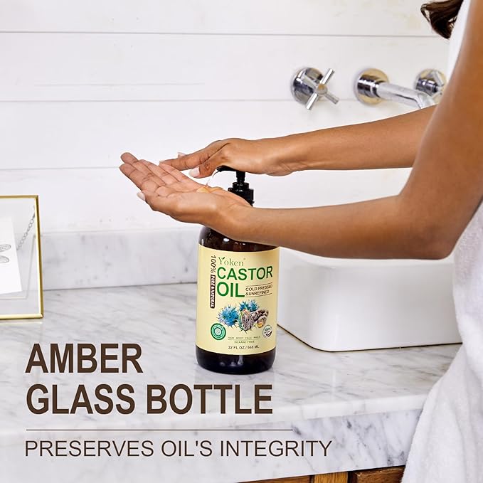 EWG Verified Castor Oil Glass Bottle 32 fl oz (with Pump) 100% Pure Castor Oil for Skin Face Hair, Cold Press, Hexane Free, Unrefined Caster oil for Pack Wrap Deep Nourish Body