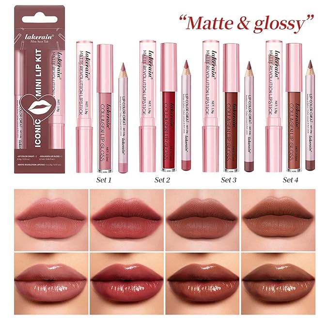 3PCS Lip Liner and Lipstick Combo Set - Matte Lip Liner Pencil, Velvet Matte Lipstick & Hydrating Collagen Lip Gloss - Long-Lasting, Smudge-Proof, Nude Brown Lip Makeup Kit (#3 Reddish Brown)