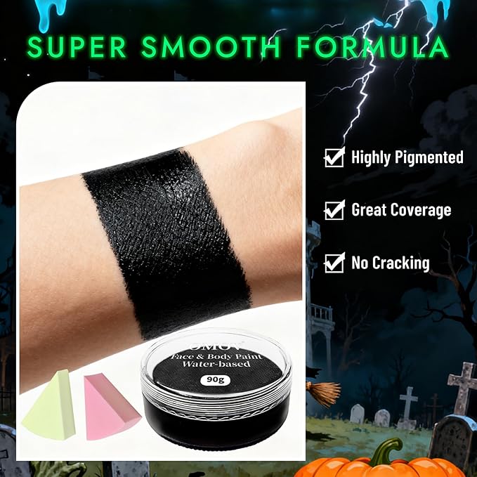Black Face Paint 90g (3.17 0z) Non-Toxic, Water Activated Face Painting Kit for Kids Adults, SFX Makeup Large Capacity Facepaint Palette for Halloween,Cosplay,Theater Party,Skull Joker Special Effects