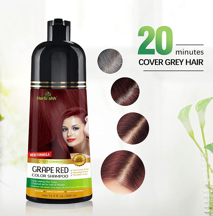 Herbishh Hair Color Shampoo (Grape Red) - Magic Hair Dye for Gray Hair - Ammonia-Free, 3-in-1 Shampoo Conditioner - Lasts 2-3 Weeks, 500 ml