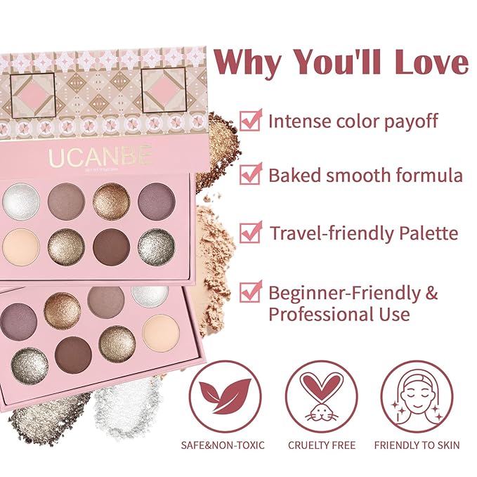 UCANBE 8 Color Matte Sparkling Shimmer Baked Eyeshadow Palette – Highly Pigmented, Smooth & Blendable Formula with Neutral & Earthy Tones for Everyday & Dramatic Eye Makeup Pallet