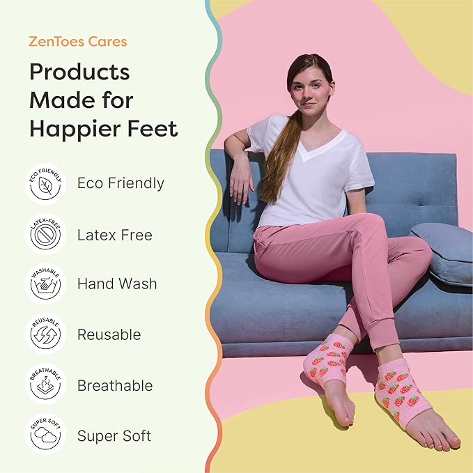 ZenToes Moisturizing Socks for Cracked Heel Treatment, Vitamin E, Olive Oil and Jojoba Oil Heel Socks, Stocking Stuffers for Women, Spa Self Care Gifts for Women (Pink Strawberries, Regular)