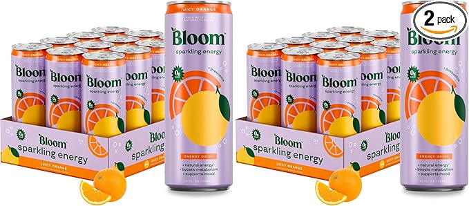 Bloom Nutrition Sparkling Energy Drink, Orange, 180mg Caffeine | Zero Sugar | Natural Caffeine | Antioxidant-Rich | 24 Pack