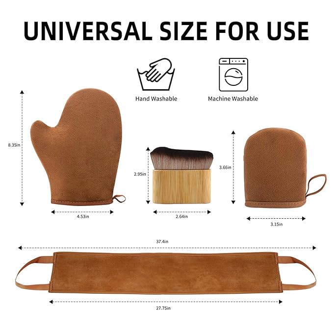 FUNAN Self Tanning Applicator Kit with Tanning Glove for Self Tan Mitt, Back Lotion Applicator, Mini Mitt and Ultra Soft Self Tanner Brush Bamboo Kabuki Brush, Brown