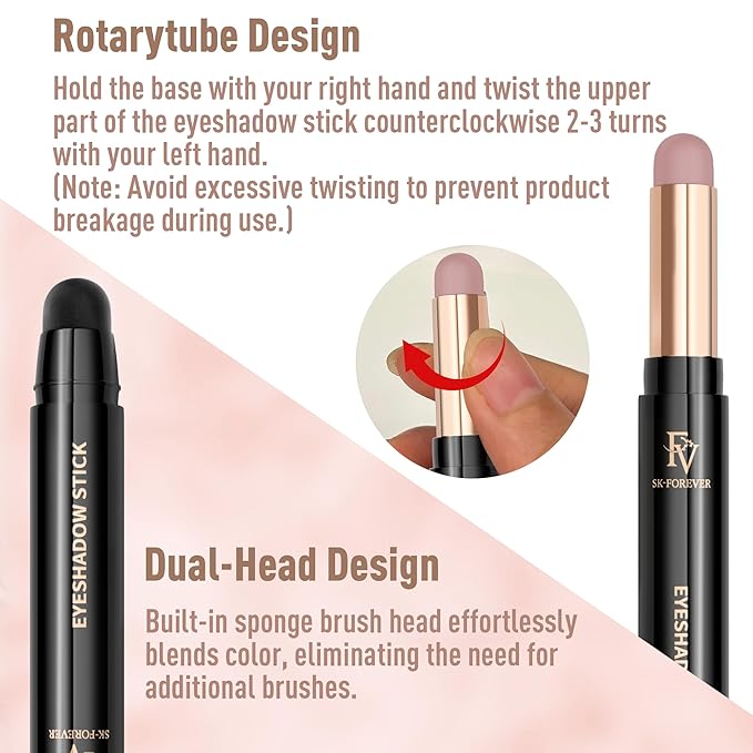 FV Long Lasting Cream Eyeshadow Stick, Waterproof & High Pigmented Eye Shadow Sticks Duo with Blending Brush, Crease-Proof & Natural Finish Eyeshadow Pencil, Rose Matte