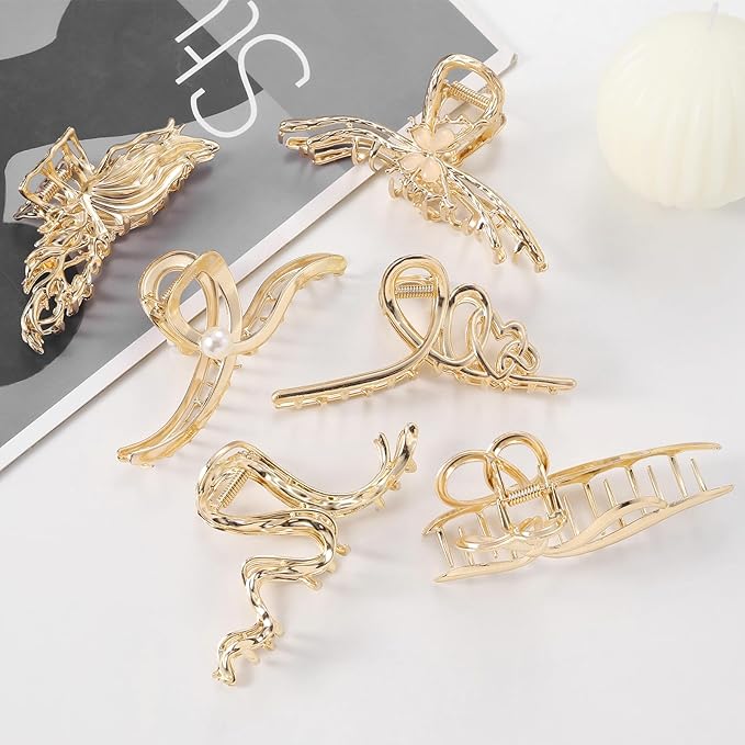 LUKACY 6 Pack Large Metal Hair Claw Clips - 4 Inch, Perfect Big gold Jaw hair clamps for Women and Thinner, Thick hair styling,Strong Hold, Fashion Hair Accessories (Style 5)
