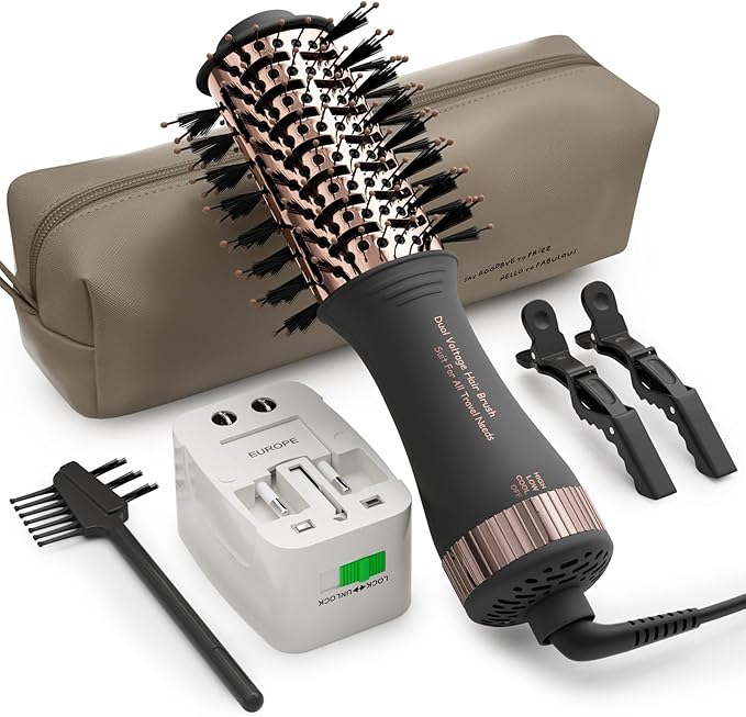 Dual Voltage Blow Dryer Brush Travel Hair Dryer Brush in One,2 inch Oval Shape Hot Air Brush,Travel Hair Tools/Volumizer/Straightener/Curler,European Blow Dry Brush with Universal Adapter