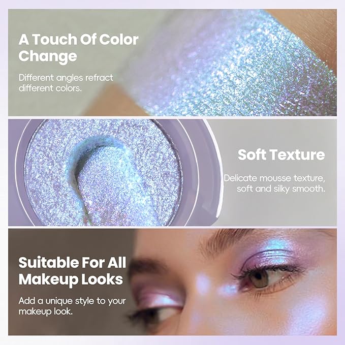 Holographic Blue Purple Glitter Eyeshadow, Multichrome Shimmer Color Shifting Single Eyeshadow, Chameleon Metallic Iridescent Eye Shadow Palette Bouncy Texture Fairy Highlighter Makeup #3