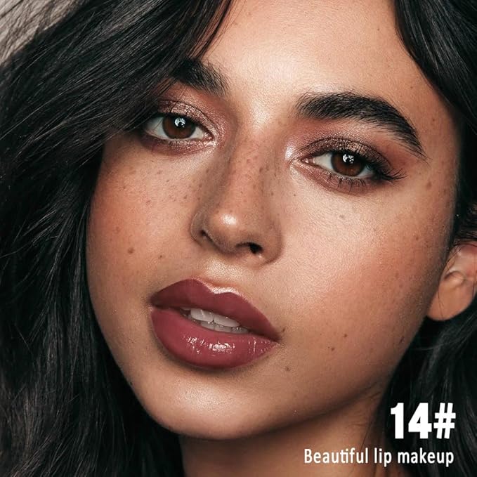 evpct Mauve Nude Shiny Longwear No-Budge Liquid Lip Color Lipstick Makeup, Highly Pigmented Color Instant Shine, Waterproof Long Lasting Lipstick for Women, Lip Stain Gloss with Lip Liner Brush, 14#