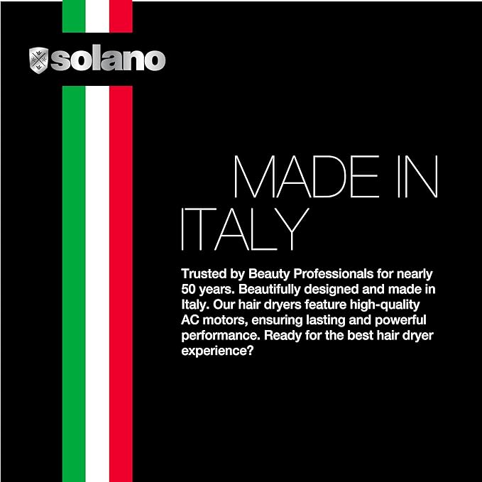 Solano Moda Fast Drying 2-Speed Ionic Hair Dryer | 1750 Watt + Internal Silencer + Far Infrared Heat| Smoothing Without Sacrificing Body or Bounce | Italian-Made