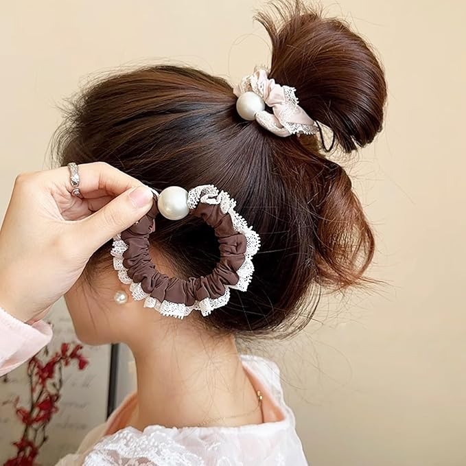 Silk Scrunchies Hair Ties 3Packs – Super Soft Thin Hair Scrunchies, Gentle on Hair, Faux Pearl Decorated Hair Accessories for Women