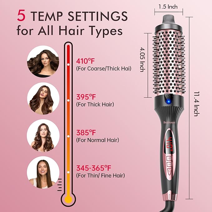 Betahouse Thermal Brush Curling Iron Brushes, 1.5 Inch Heated Round Styling for Blowout, Fast Heating Negative Ion Curling Brushes with 5 Temp Settings, Dual Voltage Hair Styling Tool