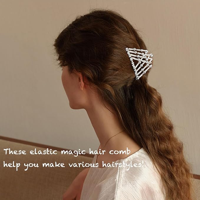 5 Pieces Magic Hair Comb Stretchy Double Comb Elastic Beaded Hair Clips for Women Girls Vintage Hairstyle Multipurpose Hair Accessories (Black, Brown, White, Purple, Blue)
