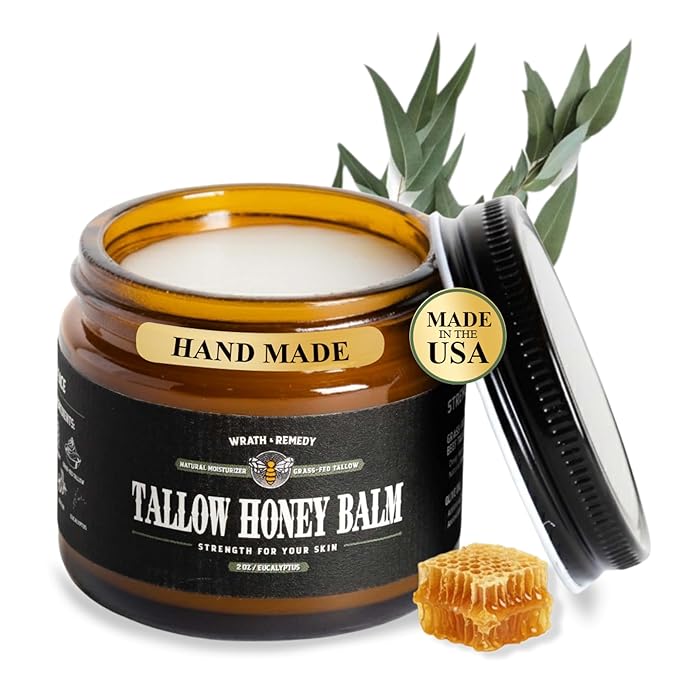 Organic Beef Tallow for Skin -2OZ (Eucalyptus, Concentrated) — Grass Fed Beef Tallow for face + Body — US-Made Tallow and Honey Balm Moisturizer for Dry & Sensitive Skin,Eczema,Rosacea (No Additives)