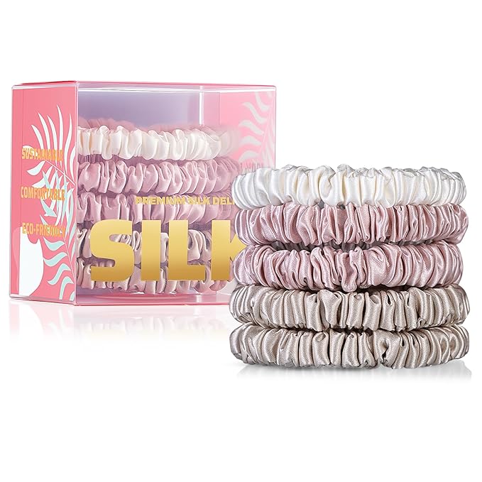 5 Pack Mulberry Silk Scrunchies for Women–22 Momme 6A Grade Hair Ties, Anti-Frizz & Anti-Breakage, Gentle & Safe for All Hair Types, Daily Styling&Overnight Care