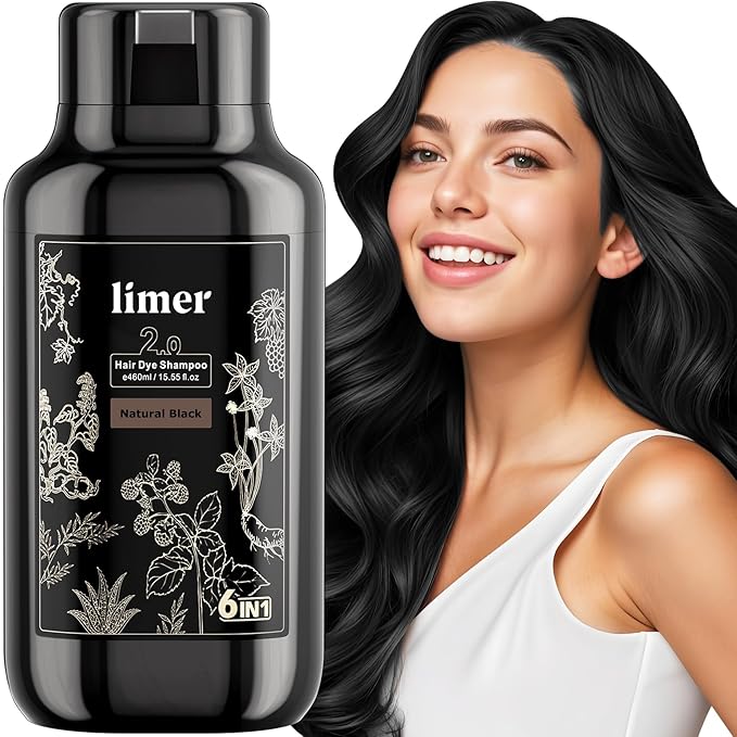 Limer Hair Dye Shampoo Natural Black, 3 in 1 Hair Color for Gray Coverage Men and Women, Herbal Ingredients Natural Shampoo Para Pintar el Cabello, Semi-Permanent Champu Para Canas(15.55fl oz/460ml)