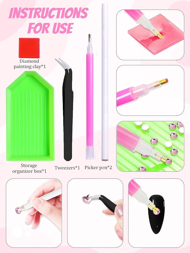 1620 Pcs Nail Art Rhinestones Pink Nail Charms Glass Nail Gems, Wsimily Crystal Flatback Shiny Mixed Nail Rhinestones Beads for DIY Manicure Craft with Tweezer Storage Box Picker Pencil