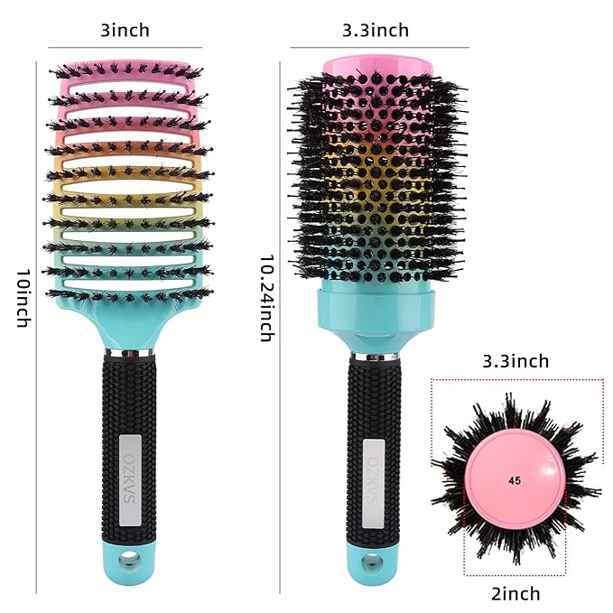 4 Piece Boar Bristle Hair Brush Set for Fine & Thick Hair - Round & Paddle Brushes for Blow Drying,Curl Defining & Wet Hair,Travel Combs (Includes 2 Clips)