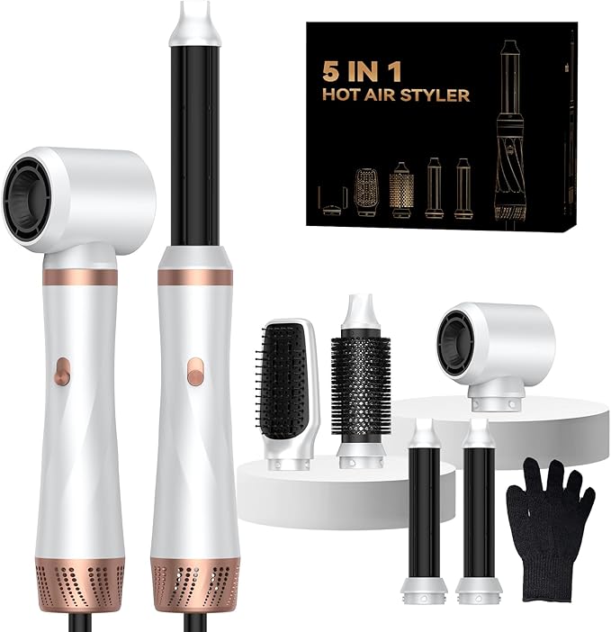 Hair Dryer Brush 5 in 1, Blow Dryer Brush Set with Air Curler Wrap Hair Styler, Negative Ionic Blow Dry Brush, Detachable Hair Tool for Curling, Volumizer,Straightener,Drying