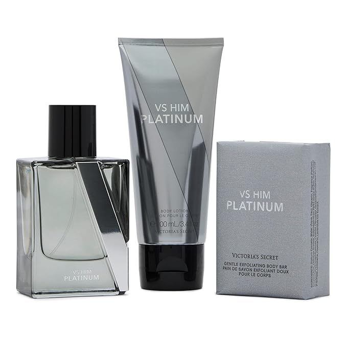 Victoria's Secret Platinum 3 Piece Luxe Fragrance Gift Set: 1.7 oz. Cologne, Travel Lotion, & Body Bar