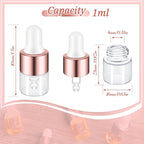 200 Pcs Mini Glass Oil Dropper Bottle Bulk, Clear Essential Small Empty Bottles Sample Containers Perfume Liquid Vials with Cap for Traveling (1 ml,Rose Gold)