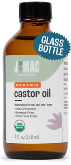 J MAC BOTANICALS Organic Castor Oil Cold Pressed (Glass Bottle, 4 oz, NO DROPPER), pure hexane free castor oil for face, skin, eyelashes