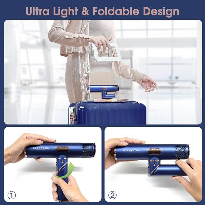 MIRACOMB Foldable Travel Hair Dryer, Powerful Ionic Blow Dryer Pro with Brushless Motor for Fast Drying, Lightweight Portable Hairdryer for Women/Men, Digital Heat/Speed Settings, with 2 Nozzles