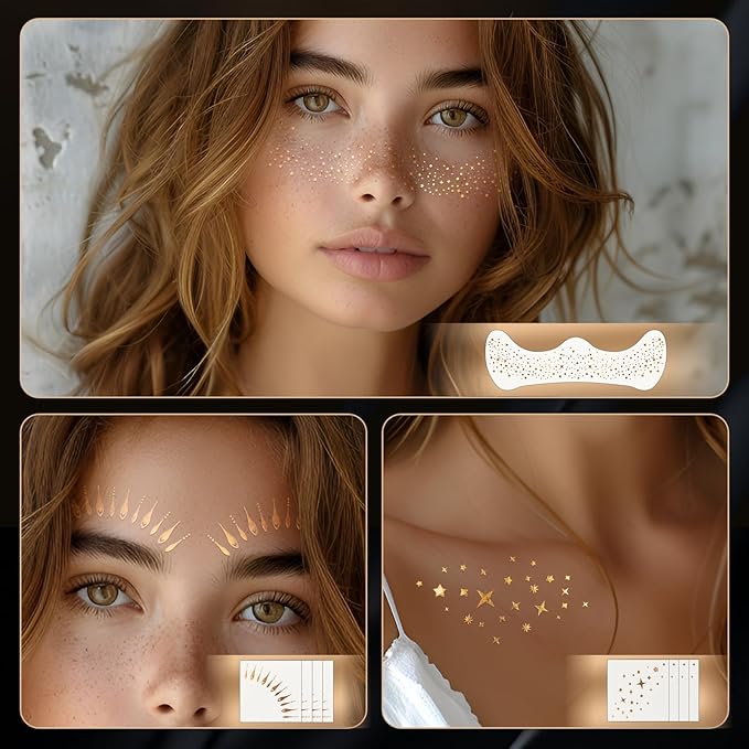 Glitter Freckles Face Tattoo,Glitter Freckles, Metallic Gold Makeup Patches,14 Assorted Sparkle Face Tattoos